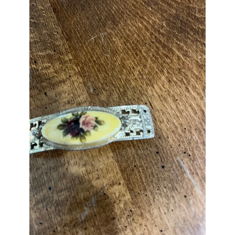 Vintage Made in France‎ Floral Rose Gold Tone Filigree Barrette Hair Clip Yellow